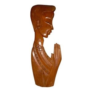 SOLD!Vintage Hand Carved Teak Wood Polynesian Praying Man/Boy Wall Art Sculpture